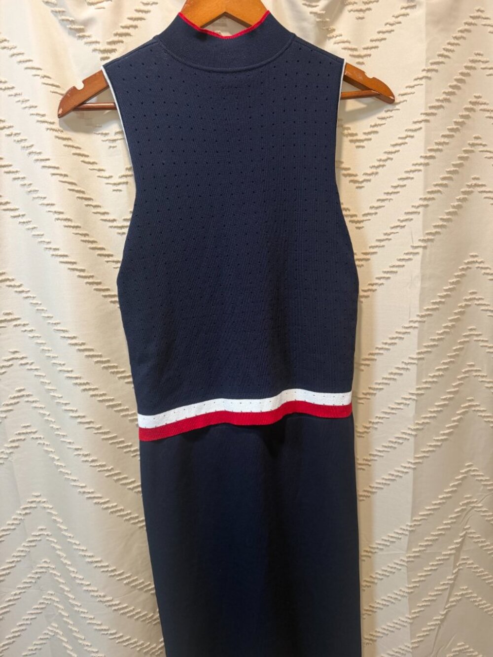Leo & Ugo Dress Knit Navy Blue Red White Layered Mock Neck Zip France Summer - Picture 10 of 12
